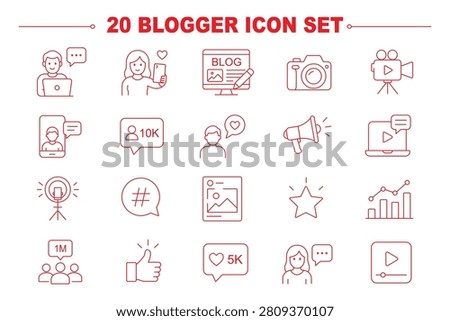 influencer creator icons set, 20 editable line art icons set, influencer and blogger, content creator influencer, social media creativity, branding, audience engagement, theme style, vector
