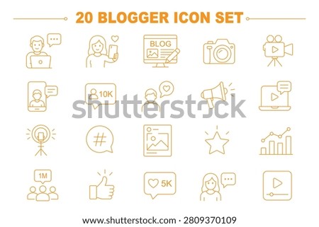 influencer creator icons set, 20 editable line art icons set, influencer and blogger, content creator influencer, social media creativity, branding, audience engagement, theme style, vector
