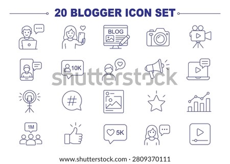 influencer creator icons set, 20 editable line art icons set, influencer and blogger, content creator influencer, social media creativity, branding, audience engagement, theme style, vector
