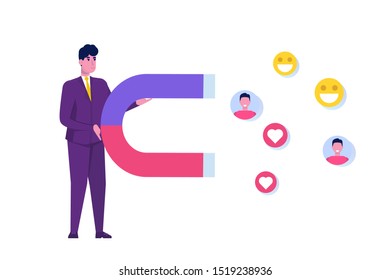 Influencer  digital marketing concept,  engaging with followers, social campaign. Vector illustration.