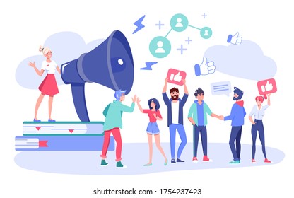 Influencer digital marketing concept. Follower customers and clients to business attraction. Blogger promotion services. Woman opinion leader hold loudspeaker attracting subscribers positive feedback