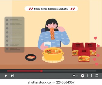 An influencer is doing a spicy ramen mukbang. Broadcast streaming screen concept. flat vector illustration.