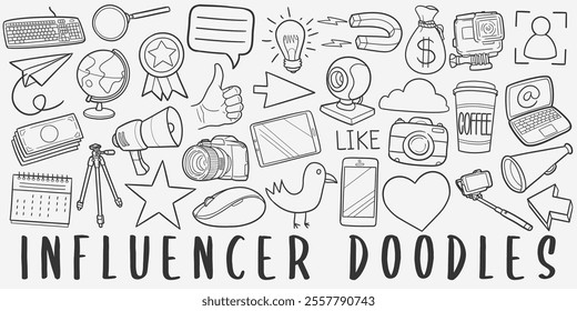 Influencer Doodle Icons Black and White Line Art. Internet Clipart Hand Drawn Symbol Design.	