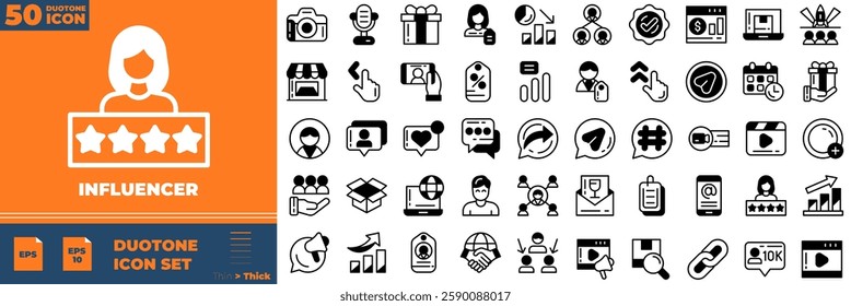 Influencer Duotone Editable Icons set. Vector illustration in modern thin duotone style of influencer icons: passion, creator, celebrity, etc