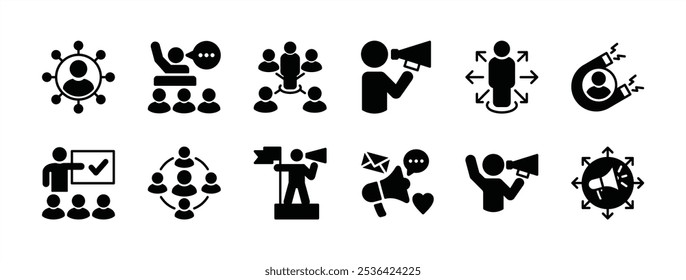 Influencer flat icon vector set. Containing promotion, leadership, passion, marketing, social media, community, advertisement, guidance, coaching, confidence, motivation, adviser, campaign