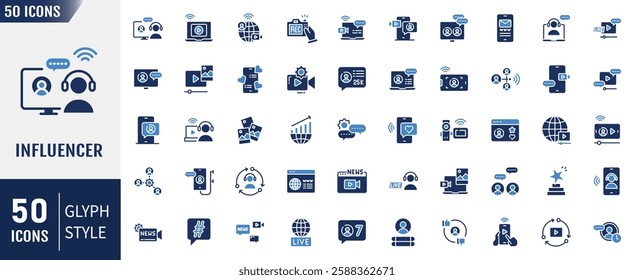 Influencer flat icons set. Containing as blogger, creator, audience and more. Vector illustration