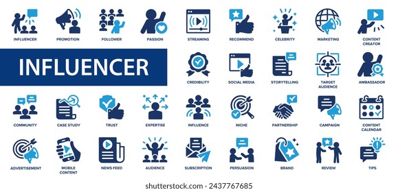 Influencer flat icons set. Social media, celebrity, character, reviewer, follower, passion, celebrity and more signs. Flat icon collection.