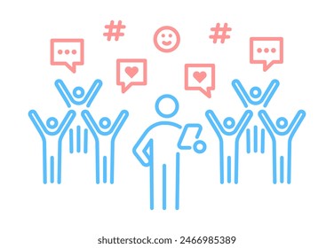 Influencer y seguidores icono de la comunidad. Ilustración de línea delgada de Vector para usuarios de redes sociales, interacciones, dispositivos móviles, hashtags, likes, comentarios