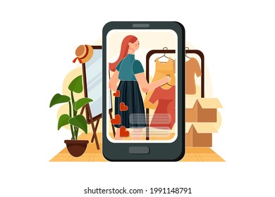 Influencer girl broadcasting live video at home Illustration concept. Flat illustration isolated on white background.