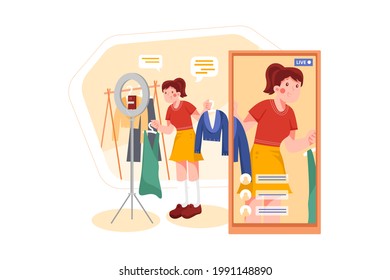 Influencer girl broadcasting live video at home Illustration concept. Flat illustration isolated on white background.