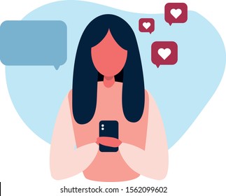 Influencer girl looks in her smartphone serrounded by likes and bubbles. Communication, social media, blogger, key opinion leader. Vector illustration