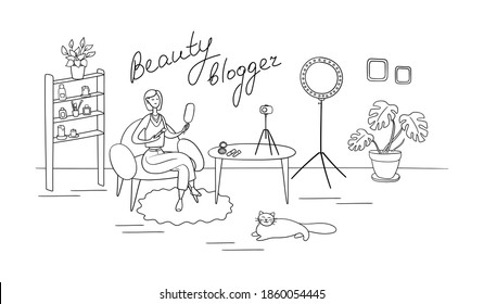 Influencer girl shoots cosmetics product review. Beauty blogger woman filming makeup tutorial on camera. Young woman is recording video. Stylists tips vlog. Vector illustration