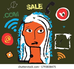 "Influencer Girl surrounded by smartphones and social media symbols