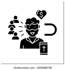 Influencer glyph icon. High influence on audience. Blogger attract new subscribers. Keep money from advertising. Small business owne.Filled flat sign. Isolated silhouette vector illustration