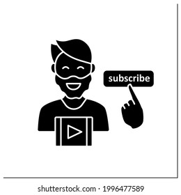 Influencer glyph icon. Man creates content on online video platform. Free video sharing for subscribers. Blogging concept. Filled flat sign. Isolated silhouette vector illustration