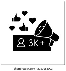 Influencer glyph icon. Micro influencer. Blogger with three thousand plus subscribers. Low influence on people. Promoting products. Blogging.Filled flat sign. Isolated silhouette vector illustration