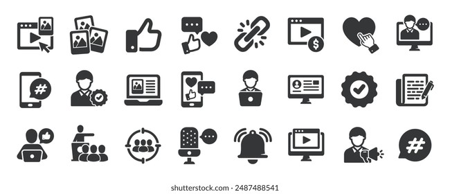 Influencer glyph solid icons collection. Containing content creator, blogger, social media, ambassador. For website marketing design, logo, app, template, ui, etc. Vector illustration.