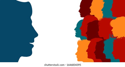 Influencer. Human heads silhouette in profile influencing a crowd of people. Persuasion propaganda and influence on the masses. Recruit new members. Sharing idea and thoughts. Social media