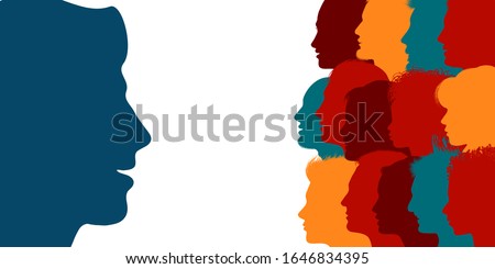 Influencer. Human heads silhouette in profile influencing a crowd of people. Persuasion propaganda and influence on the masses. Recruit new members. Sharing idea and thoughts. Social media [[stock_photo]] © 