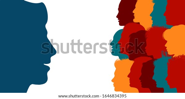 Influencer. Human heads silhouette in profile\
influencing a crowd of people. Persuasion propaganda and influence\
on the masses. Recruit new members. Sharing idea and thoughts.\
Social media