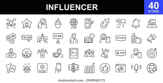 Influencer icon set. Containing influencer, celebrity, content, creation, like, vlogging, blog, vlogger, social media, passion, influence, followers, personal brand, digital marketing and more