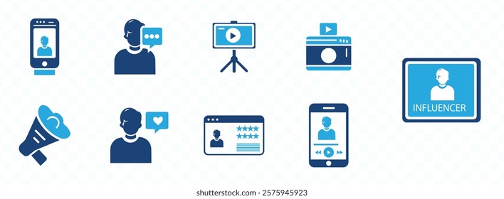 Influencer icon set. Containing follower, social media, promotion, passion, celebrity, influence, content, community and marketing icons.