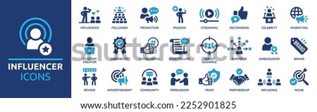 Influencer icon set. Containing follower, social media, promotion, passion, celebrity, influence, content, community and marketing icons. Solid icon collection. Foto stock © 