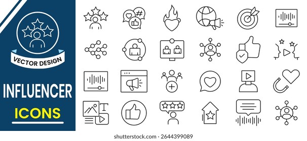 Influencer icon set design. Influencer related line icons such as audience, blogger, creator, marketing, celebrity, and more. Vector illustration.