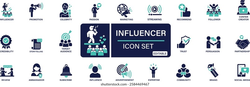 Influencer icon set. follower, social media, promotion, passion, celebrity, influence, content, community and marketing You can easily change the color.