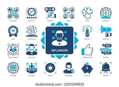 Influencer icon set. Followers, Recommendation, Ambassador, Feedback, Rating, Reputation, Community, Streaming. Duotone color solid icons