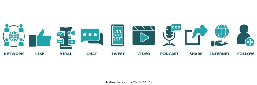 Influencer icon set illustration concept with icon of network, like, viral, chat, tweet, video, podcast, share, internet, follow	

