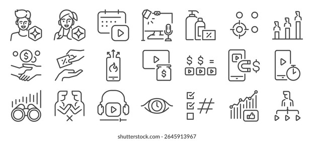 An influencer icon set. It included creator, content, social media, marketing, and more icons. Editable Vector Stroke.