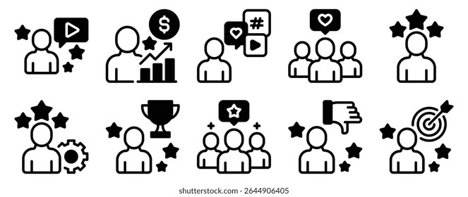 Influenciador Icon Set Solid Style Collection que representa a presença nas mídias sociais e o engajamento digital adequado para campanhas de marketing, criação de conteúdo e plataformas de marca