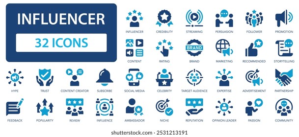 Vector de conjunto de iconos de influencer. Redes sociales, seguidores, contenido, promoción, marketing, influencia, hype.