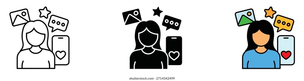 Vector de icono de influencer. foto, comentarios, estrella, marketing digital, símbolo de blogueo. Ilustración vectorial.