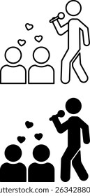 Ícones Influenciadores. Ilustrações de vetor em preto e branco. Homem Falando em Microfone e Público Sentado. Pessoa que tem influência no público. Celebridade, Especialista, Blogueiro Popular