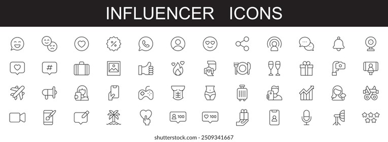  Ícones de influenciador , ilustração vetorial de ícones editáveis linha traço no fundo branco com ícones de seguidor, mídias sociais, promoção, paixão, influência, conteúdo, comunidade, marketing,