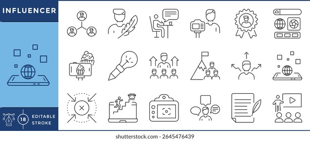 Influencer icons pack. 18 line icons. Vector editable stroke. People, conference, teach, camera, vlogger, blogs, internet, creativity, content creation.