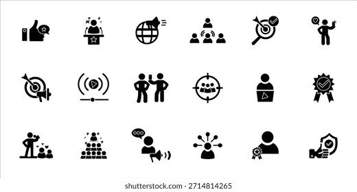 influencer icons set. influencer, content creator, promotion, marketing, advertisement, target audience and more. simple solid vector illustration