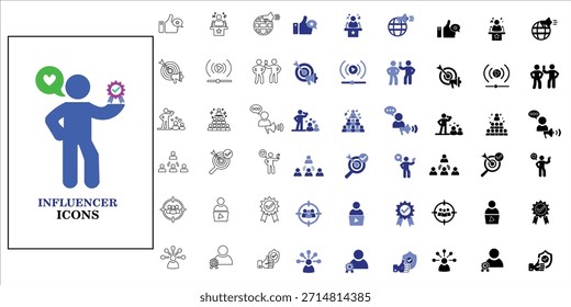 Conjunto de iconos de influencer. influencer, creador de contenido, promoción, seguidores, celebridad, público objetivo y más. Ilustración vectorial completa simple