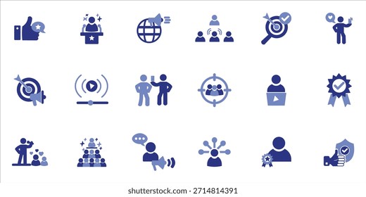 Conjunto de iconos de influencer. influencer, creador de contenido, promoción, marketing, revisión, audiencia objetivo y más. Ilustración vectorial de color simple