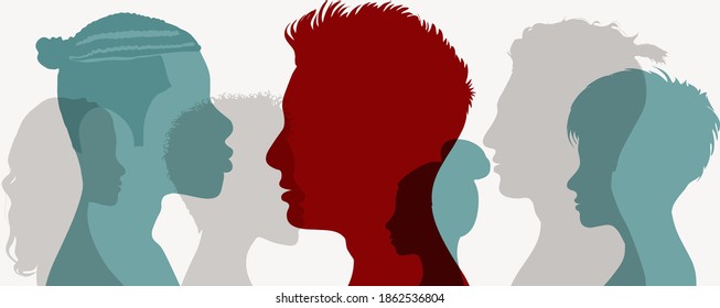 Influencer. Influencing a crowd of people.Persuasion propaganda and influence on the masses.Group human heads silhouette in profile.Recruit new members.Communication. Leader.Social media