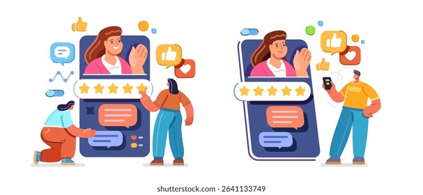 Influencer interacts with followers online. Social media influencing and marketing. Digital blogging business