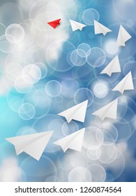 Influencer, KOL, key opinion leadership concept. leading red paper airplane flying white planes aimed at a common goal in the blue sky with twinkle lights  background
