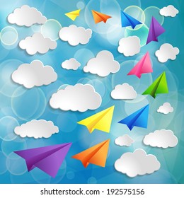 Influencer, KOL, key opinion leadership concept. Set of flying colorful paper airplanes with clouds on the blue blurred background