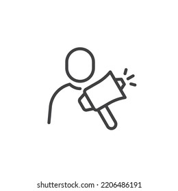 Influencer line icon. linear style sign for mobile concept and web design. Man and megaphone outline vector icon. Symbol, logo illustration. Vector graphics