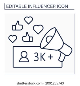 Influencer line icon. Micro influencer. Blogger with three thousand plus subscribers. Low influence on people. Promoting products. Blogging concept. Isolated vector illustration. Editable stroke