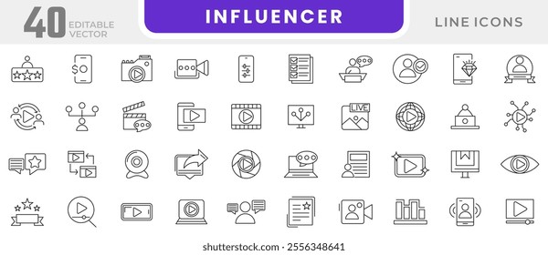 Influencer line icon set. influencer, blogger, vlogger, content creator, creator, creative, curator, moderator, blog, monetization, personal brand, video line icon set. UI thin line icon pack.