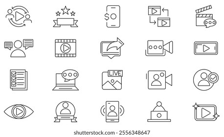 Influencer line icon set. influencer, blogger, vlogger, content creator, creator, creative, curator, moderator, blog, monetization, personal brand, video line icon set. UI thin line icon pack.