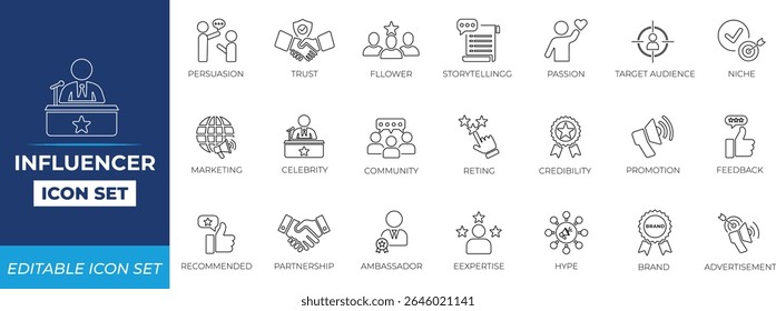 Influencer line icon set. Solid line icon collection.